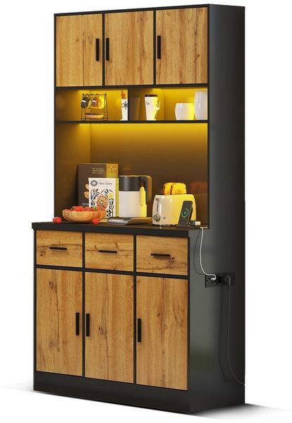 Flieks Küchenbuffet mit LED-Beleuchtung und Steckdosen (1-St, 100x40x180cm) Hochschrank Küchenschrank Geschirrschrank mit verstellbare Ablagen
