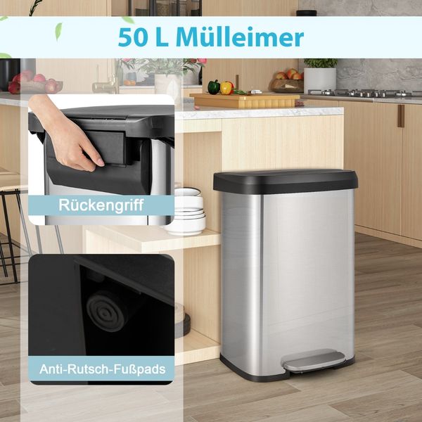 50L Küche Mülleimer mit Sanft Schließendem Deckel & Desodorierungsfach Abfalleimer Silber
