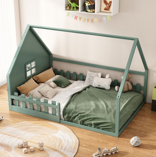 Kinderbett 140x200 cm in Grün – Hausbett aus Kiefernholz und MDF mit Geländer