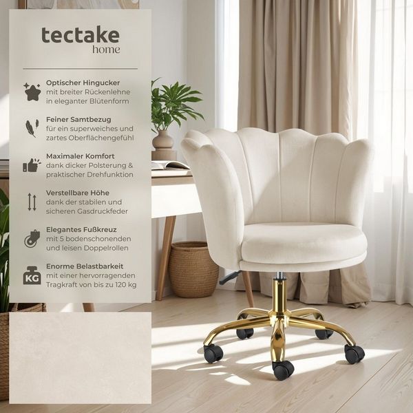 tectake Esszimmerstuhl Sessel dick gepolstert, mit Samtbezug, 67 x 64 x 76 cm (Wohnzimmersessel Stella in creme/gold, 1 St), gewölbte, extrabreite Rückenlehne, bodenschonend, Belastbarkeit 120 kg