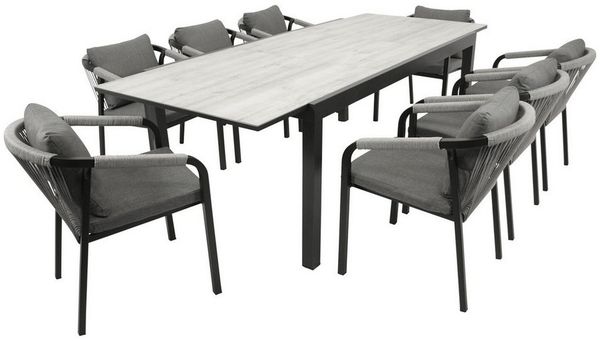 DEGAMO Garten-Essgruppe FARO, (9-tlg, 8x Stapelsessel, 1x Ausziehtisch), Alu anthrazit, Stapelsessel Rope, Ausziehtisch Keramikoptik hell