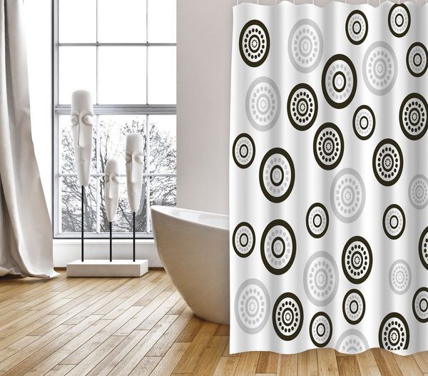 MSV Duschvorhang Cotexsa CIRCULOS Breite 180 cm, Premium Textil-Duschvorhang, Made in Spain, 100% Polyester, wasserundurchlässig, Anti-Schimmel-Effekt, Anti-Bakteriell beschichtet, waschbar 30°, 180 x 200 cm, Farbe weiß / schwarz