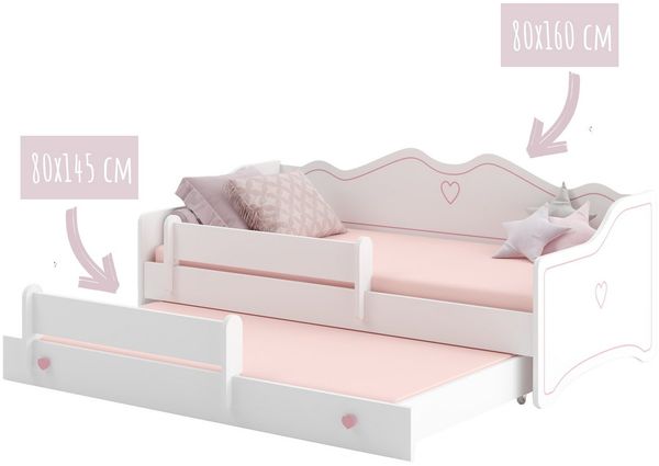 Kids Collective Kinderbett Mädchenbett 80x160 mit Ausziehbett & zwei Matratzen Kinderbett, Jugendbett Funktionsbett mit Rausfallschutz, Prinzessin weiß rosa