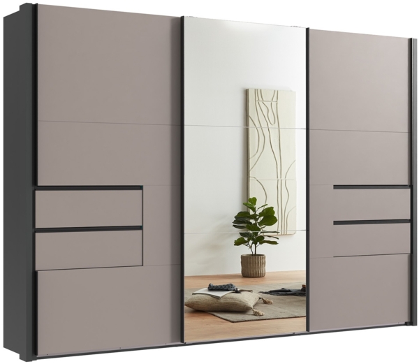 Schwebetürenschrank Kleiderschrank Passepartout 312 cm Schubl. Sand Grau Spiegel