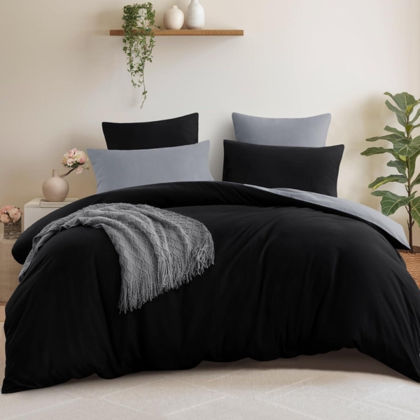 Bettwäsche 200x200 Wendebettwäsche Schwarz Mikrofaser Reißverschluss 3tlg