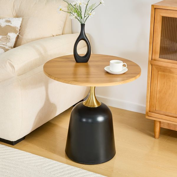 Flieks Runder Beistelltisch Ø60 cm mit Natur, moderner Wohnzimmertisch mit Metallgestell, Sofatisch für Wohnzimmer & Büro