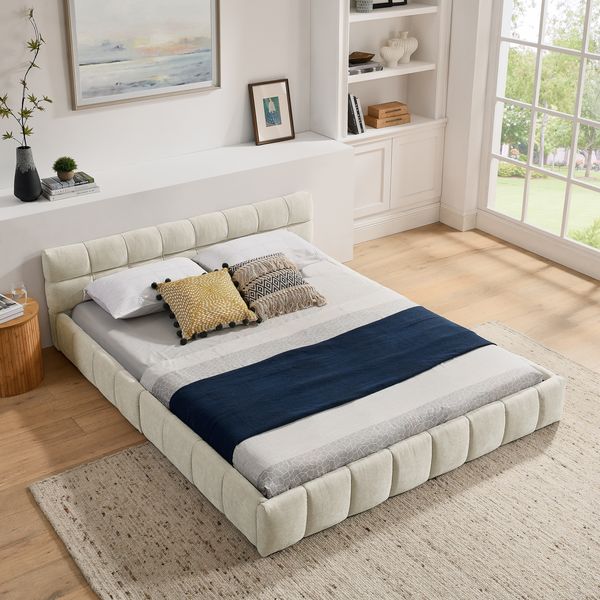 Polsterbett mit Chenille-Bezug & Steppdesign, 160x200 cm, Beige, ohne Matratze