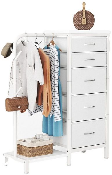 Patbrela Garderobenständer Garderobe mit 5 Stoff Schubladen, Kommodeschrank mit Kleiderstange, Stoffkommode für Schlafzimmer Wohnzimmer Flur Kinderzimmer