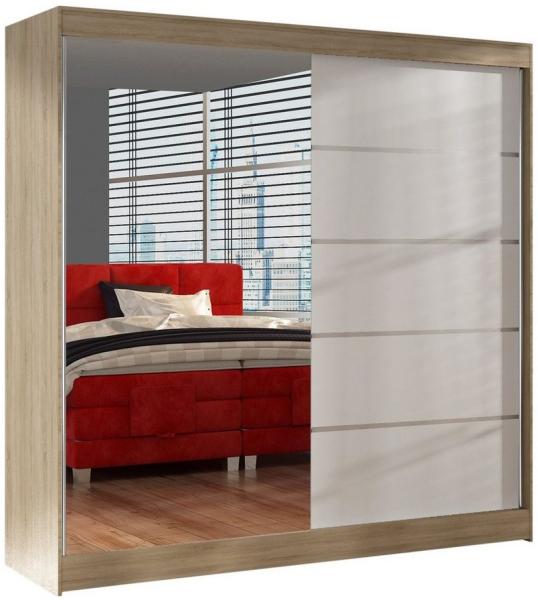 Schwebetürenschrank Basti III 200 cm mit Spiegel - Kleiderschrank, Schiebetürenschrank mit Kleiderstange und Einlegeboden, Schlafzimmerschrank, Schiebetüren, 200x215x58 cm (Sonoma/Weiß)