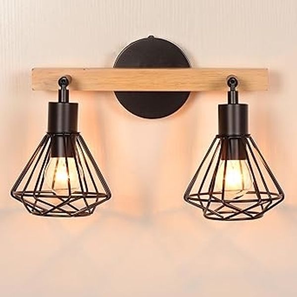 iDEGU 2 x Vintage-Wandleuchten – E14 Industrial-Kafig-Design, Metall , Holz, verstellbare Deckenleuchten – Geeignet fur Schlafzimmer, Wohnzimmer, Küche, Café (11 cm, Schwarz) [Energieeffizienzklasse A]