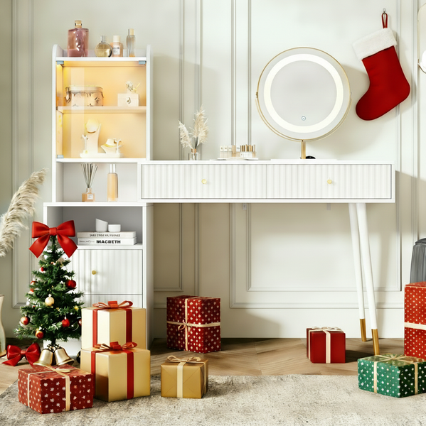 Schminktisch-Set 100x40x125 cm mit dreifarbigem LED-Spiegel und Glastür – elegantes Design