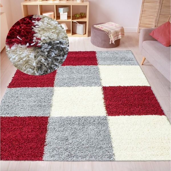 Carpetia Teppich Shaggy Teppich Rot Grau Creme Hochflor modernes Karomuster, rechteckig, Höhe: 30 mm