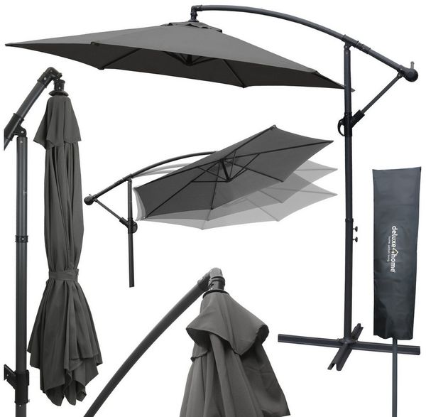 deluxe4home Sonnenschirm Ampelschirm Ø270 cm mit Ständer & Schutzcover I Terrassenschirm, Mit Handkurbel