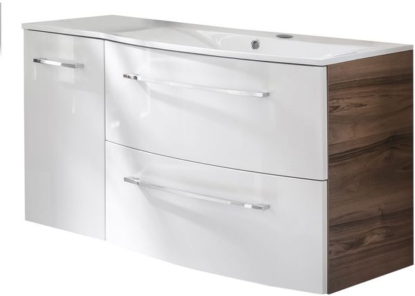 FACKELMANN VERONA Waschbecken mit Unterschrank 115 cm breit, Weiß/Braun Dunkel, Waschbecken Gussmarmor Weiß + Unterschrank Türanschlag rechts