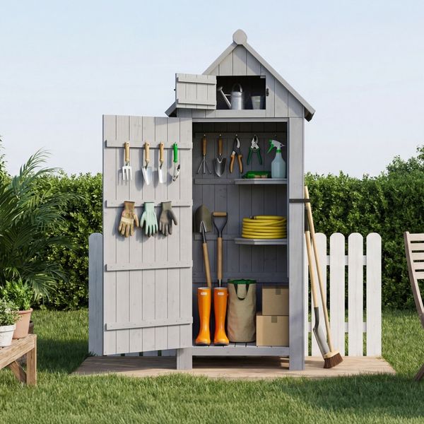 HOMAVO Gerätehaus Gartenschrank Werkzeugschrank Geräteschuppen Holzhäuschen, Outdoor-Schrank, Satteldach, mit 3 Einlegeböden, 77x54.3x179 cm, Grau