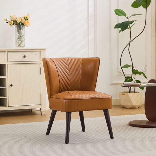 Loungesessel aus Leder mit Holzgestell & Diagonalsteppung, 56×62×76, Hellbraun