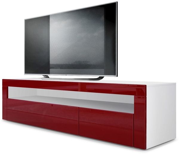 Vladon Lowboard Valencia, TV-Kommode mit 1 offenem Fach und 2 Klappen, Weiß matt/Bordeaux Hochglanz/Bordeaux Hochglanz (155 x 46 x 40 cm)