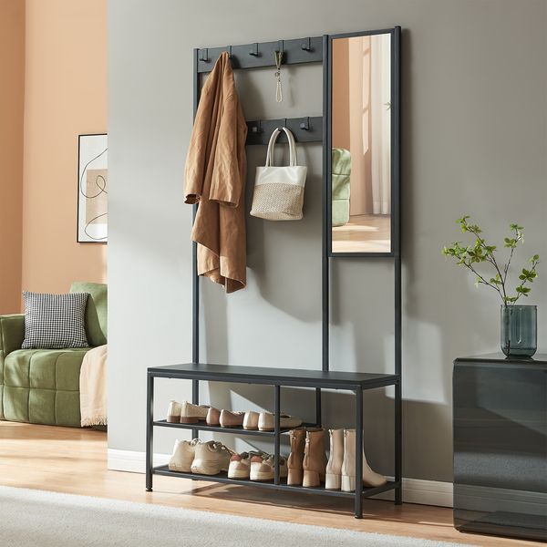 Garderobenständer Napinerg mit Spiegel und Schuhregal 185x98x34 cm Schwarz [en. casa]