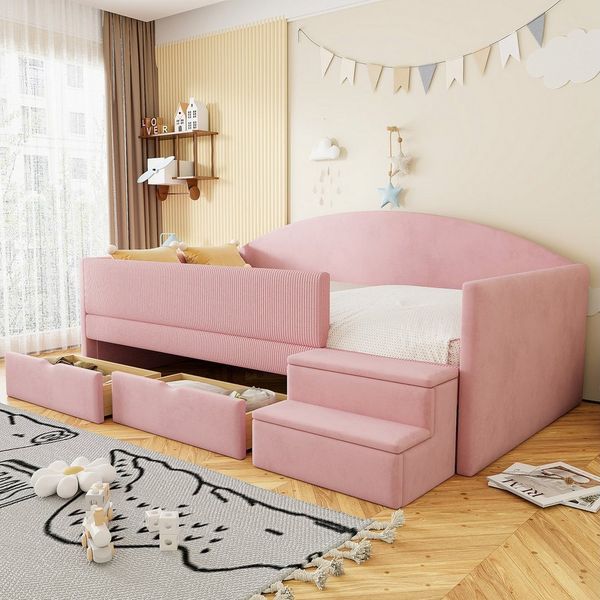 Flieks Polsterbett, Kinderbett Einzelbett 90x190cm mit 2 Schubladen Treppe Rausfallschutz