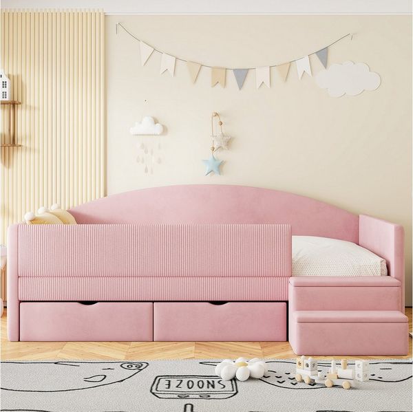 Flieks Polsterbett, Kinderbett Einzelbett 90x190cm mit 2 Schubladen Treppe Rausfallschutz