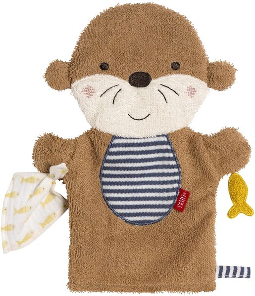 Fehn Waschhandschuh Otter – Baby Waschlappen mit Tiermotiv für fröhlichen Badespaß – saugstark und kuschelweich – für Babys und Kinder ab 0+ Monaten