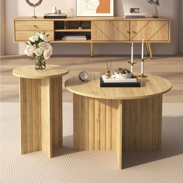 Refined Living Couchtisch 2er Set Holz-Nest-Tisch-Set,Beistelltisch rund,Kaffeetisch,Sofatisch (Großer Tisch: 76 cm Ø x 50 cm Höhe, Kleiner Tisch: 40 cm Ø x 56,5 cm Höhe, Skandinavisches Design Couchtisch, Modernes Couchtisch Set,für Dekoration, Snacks...