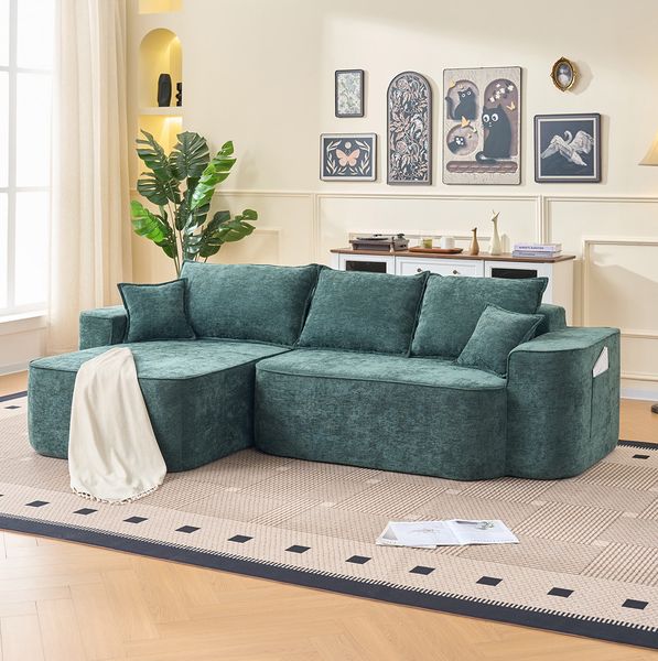 Ecksofa 262 x 144 x 65 cm mit Chaiselongue – modulares Sofa aus grünem Chenille, ohne Montage