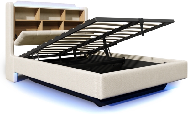 Merax Polsterbett, 140 × 200 cm Doppelbett, mit LED-Lichtleiste, hydraulischer Stauraum, Staufächer, schwebendes Design, USB- und Typ-C-Anschlüsse, Leinen, beige Bild 8