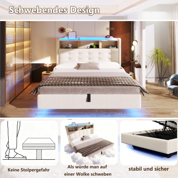 Merax Polsterbett, 140 × 200 cm Doppelbett, mit LED-Lichtleiste, hydraulischer Stauraum, Staufächer, schwebendes Design, USB- und Typ-C-Anschlüsse, Leinen, beige Bild 6