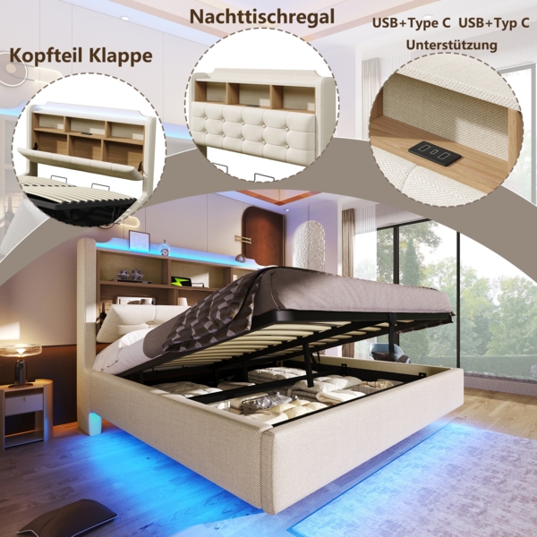 Merax Polsterbett, 140 × 200 cm Doppelbett, mit LED-Lichtleiste, hydraulischer Stauraum, Staufächer, schwebendes Design, USB- und Typ-C-Anschlüsse, Leinen, beige Bild 5