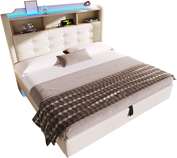 Merax Polsterbett, 140 × 200 cm Doppelbett, mit LED-Lichtleiste, hydraulischer Stauraum, Staufächer, schwebendes Design, USB- und Typ-C-Anschlüsse, Leinen, beige Bild 10