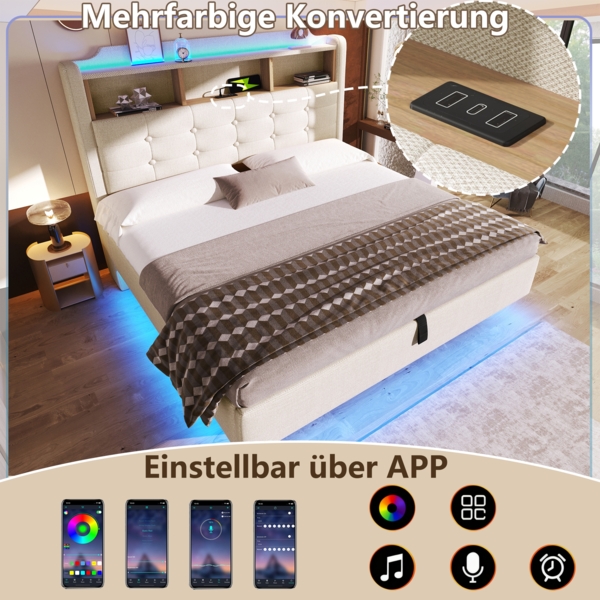 Merax Polsterbett, 140 × 200 cm Doppelbett, mit LED-Lichtleiste, hydraulischer Stauraum, Staufächer, schwebendes Design, USB- und Typ-C-Anschlüsse, Leinen, beige Bild 2