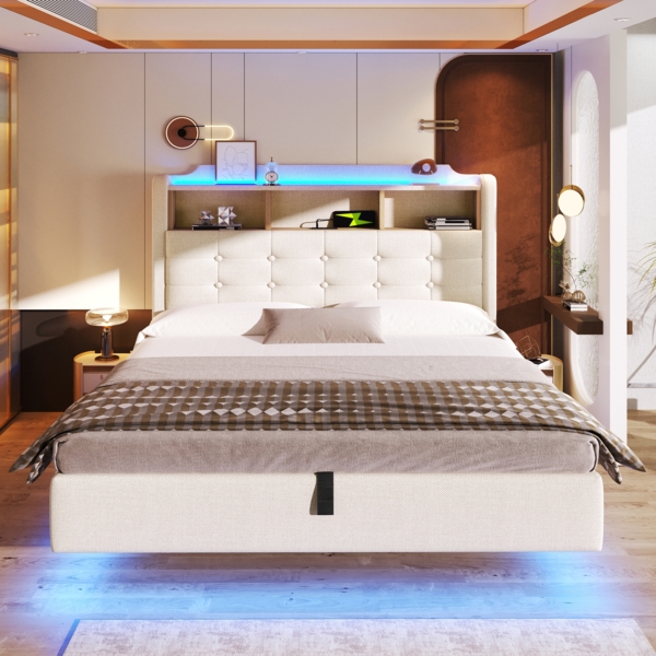 Merax Polsterbett, 140 × 200 cm Doppelbett, mit LED-Lichtleiste, hydraulischer Stauraum, Staufächer, schwebendes Design, USB- und Typ-C-Anschlüsse, Leinen, beige Bild 7
