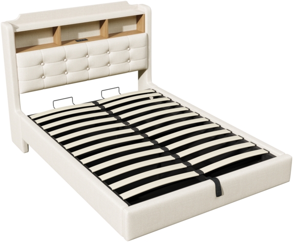 Merax Polsterbett, 140 × 200 cm Doppelbett, mit LED-Lichtleiste, hydraulischer Stauraum, Staufächer, schwebendes Design, USB- und Typ-C-Anschlüsse, Leinen, beige Bild 9