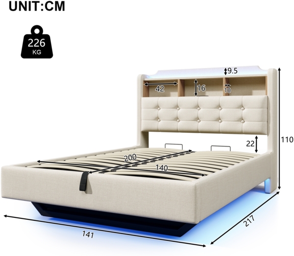 Merax Polsterbett, 140 × 200 cm Doppelbett, mit LED-Lichtleiste, hydraulischer Stauraum, Staufächer, schwebendes Design, USB- und Typ-C-Anschlüsse, Leinen, beige Bild 4