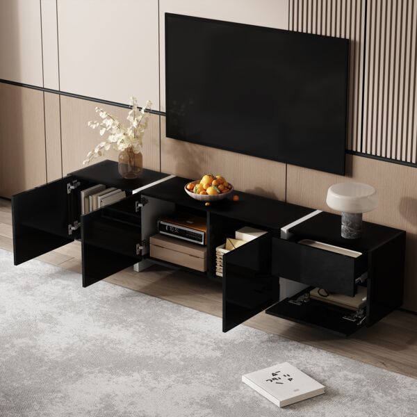 TV-Schrank 170 x 30 x 39 cm aus Spanplatte, Schwarz/Weiß Hochglanz mit 3 Türen & Schublade