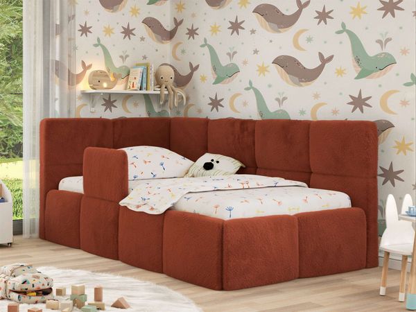 Jugendbett, Kinderbett mit Kopfteil ARVO ALTA 90x200 cm, Polsterbett mit Stauraum, hoher Schlafkomfort - Orange Plüsch - Links