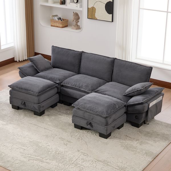 3-Sitzer Sofa aus Cordstoff 260x132x84 cm mit USB-C & Seitentaschen, dunkelgrau