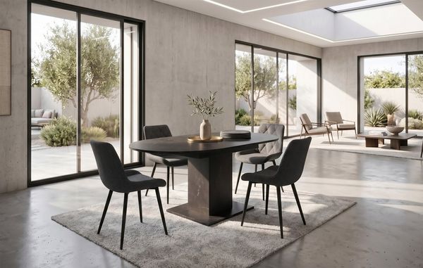 B&D home Essgruppe Essgruppe Wim & Tania, (Set, 5-tlg, 1 Tisch / 4 Stühle), Runder Esstisch ausziehbar bis 140cm, Stühle in Webstoff