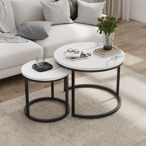 Couchtisch 2er-Set rund, B 60/40 x T 60/40 x H 45/40 cm, verschachtelbar, Metall & Holzwerkstoff, weiß