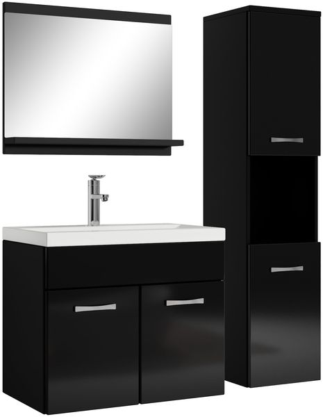 Badplaats Badmöbel Komplettset Montreal 60 x 35 cm Schwarz Hochglanz - Badezimmermöbel mit Waschbecken, Spiegel und Badezimmerschrank