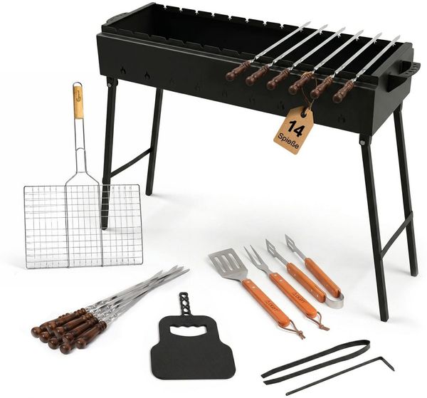 BIG-PAN Grillbesteck-Set Mangal Stahl 2mm 90 cm 14 Spieße Grillrost Edelstahl Holzgriff Zubehör, (Holzkohlegrill BBQ für Spieße oder Grillrost Schaschlik Shashlychnik), Grillrost Edelstahl Holzgriff, Grillbesteck, Grillfächer