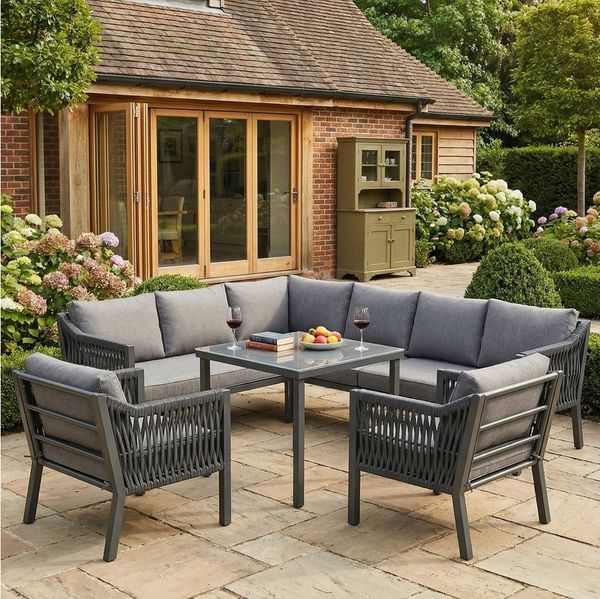 Flieks Gartenlounge-Set, 8-Sitzer Essgruppe Ecksofa & Esstisch & Stühlen, handgeflochtenes Seil