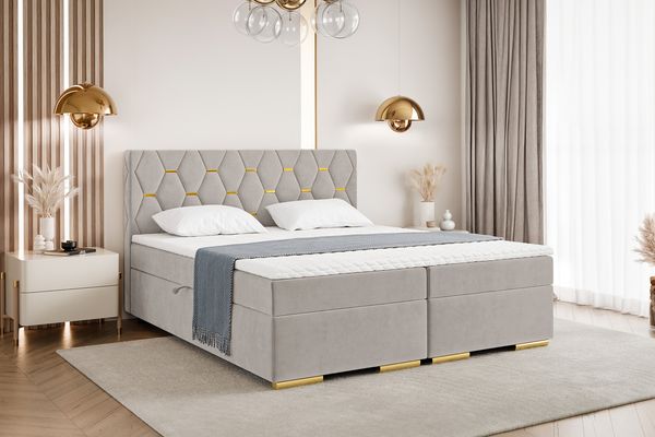 MEBLINI Boxspringbett mit Bettkasten - 200x200 - H4/Taupe Samt - Versal - Gepolstert Doppelbett mit Matratze und Topper - Polsterbett mit Stauraum - Bett mit Kopfteil - Stauraumbett