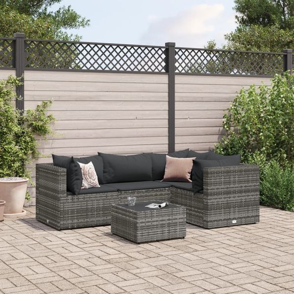 vidaXL 5-tlg. Garten-Lounge-Set mit Kissen Grau Poly Rattan 3308082