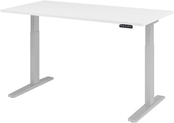 bümö elektrisch höhenverstellbarer Schreibtisch 160x80 cm in weiß, Gestell silber - Sitz & Stehschreibtisch mit Memoryfunktion, elektrischer Stehtisch & Gaming Tisch, XMKA-Serie, XMKA16-W-S