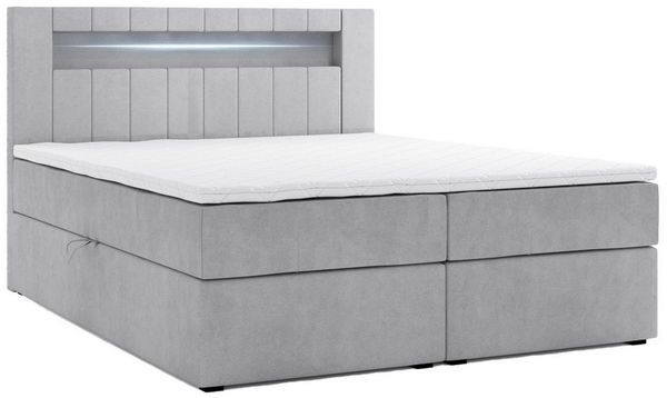 M-Punkt24 Boxspringbett Kuba (180 x 200 cm, Grau, LED Beleuchtung, VISCO Schaum Topper), inkl. Bettkasten und Topper