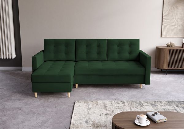 AX LIVING Kleine Couch L Form Nesbit 224cm Grün mit Schlaffunktion&Bettkasten