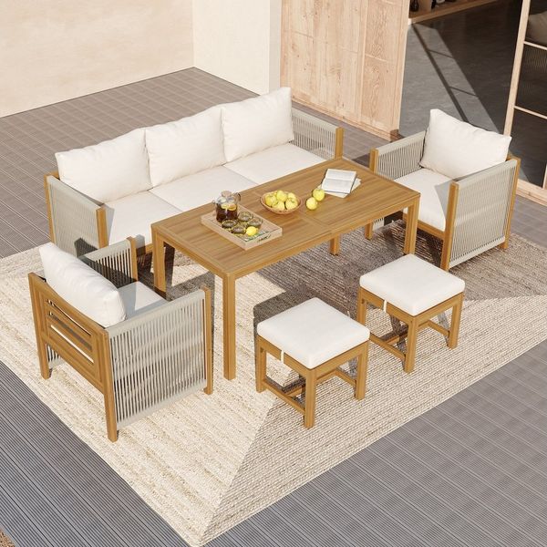 KLAM HOME Gartenlounge-Set 6-teiliges Gartenmöbel Set Beige, Lounge & Essgruppe in einem, (Outdoor Sitzgruppe mit 3er-Sofa, 2 Sessel, 2 Hocker & Esstisch), Garten Essgruppe mit Akazienholz Tischplatte für Terrasse & Garten