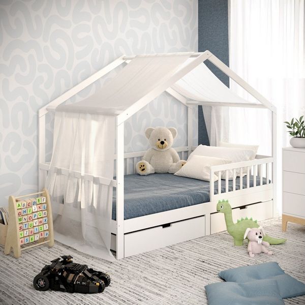 CADANI Kinderbett Hausbett Davi (Rausfallschutz abnehmbar), Bodenbett Hausbett mit Roll-Lattenrost
